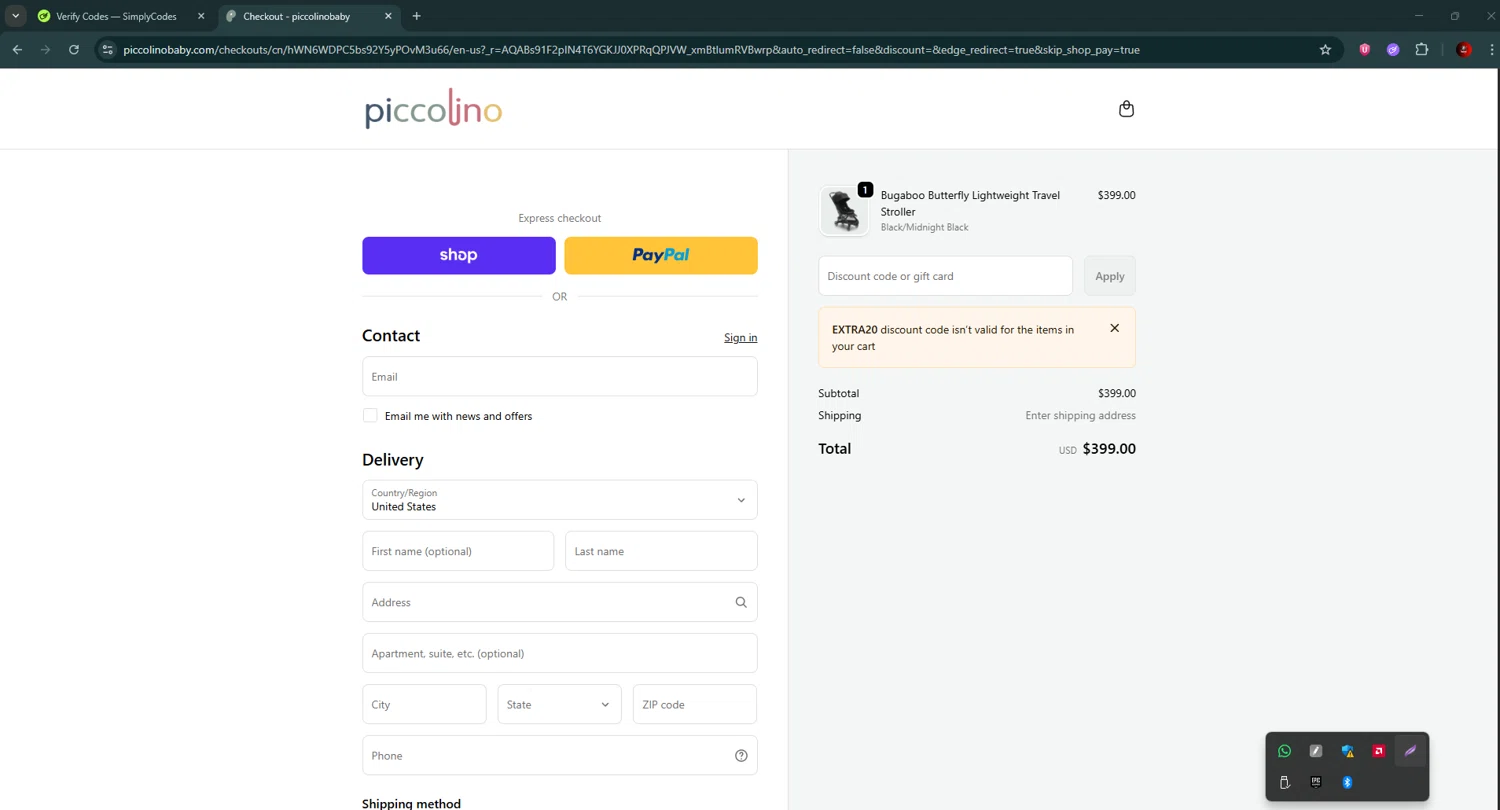 PiccolinoBaby discount code screenshot showing code EXTRA20 applied at PiccolinoBaby checkout page. Uploaded by SimplyCodes community member BrilliantSaver7516 on Dec 17, 2025