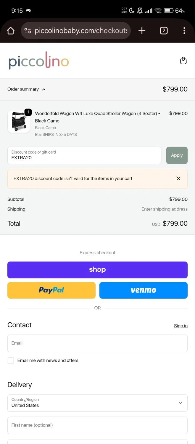 PiccolinoBaby discount code screenshot showing code EXTRA20 applied at PiccolinoBaby checkout page. Uploaded by SimplyCodes community member Lhhfhii on Nov 8, 2025
