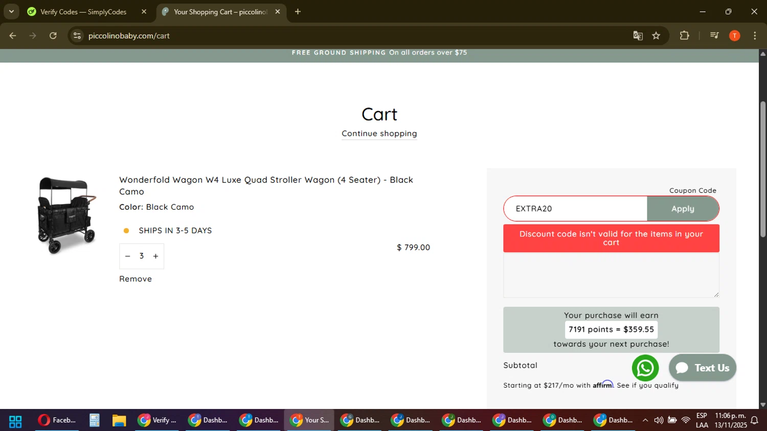 PiccolinoBaby discount code screenshot showing code EXTRA20 applied at PiccolinoBaby checkout page. Uploaded by SimplyCodes community member ShrewdAce8338 on Nov 14, 2025