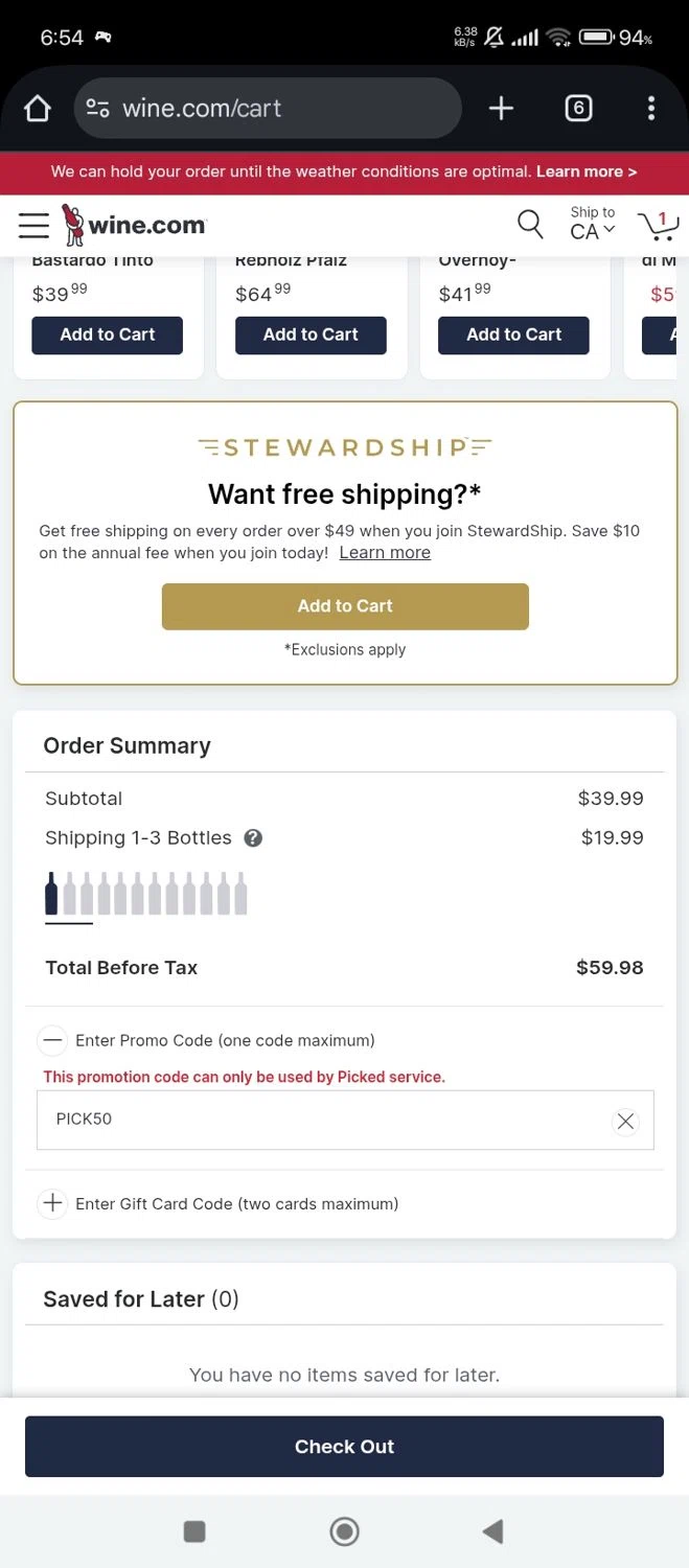 Picked by Wine.com promo code screenshot showing code PICK50 applied at Picked by Wine.com checkout page. Uploaded by SimplyCodes community member Bjhfuhdf on Jul 8, 2025