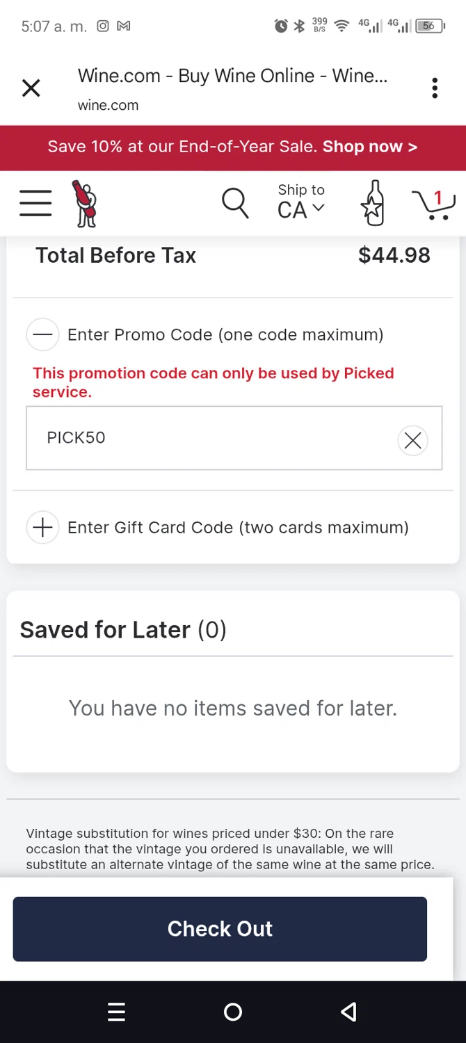 Picked by Wine.com promo code screenshot showing code PICK50 applied at Picked by Wine.com checkout page. Uploaded by SimplyCodes community member leiraM on Dec 30, 2025