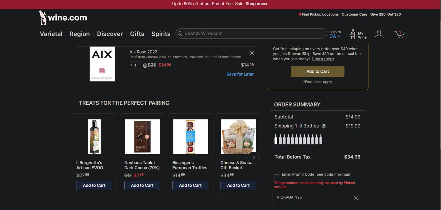 Picked by Wine.com promo code screenshot showing code PICKAGAIN25 applied at Picked by Wine.com checkout page. Uploaded by SimplyCodes community member Ray_YNN on Dec 27, 2024