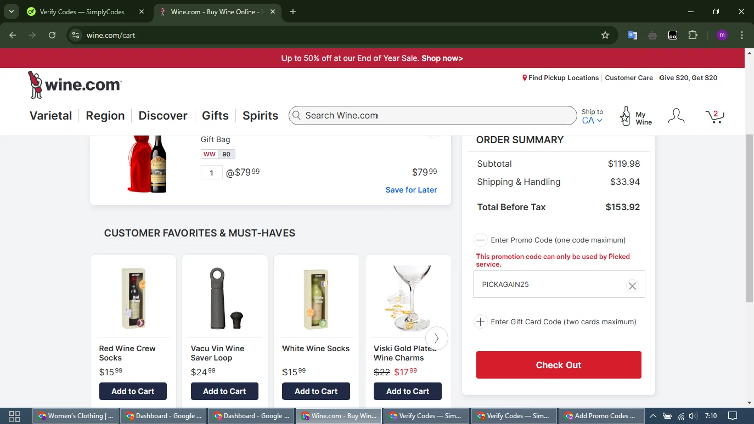 Picked by Wine.com promo code screenshot showing code PICKAGAIN25 applied at Picked by Wine.com checkout page. Uploaded by SimplyCodes community member WonderHawk4272 on Dec 27, 2024