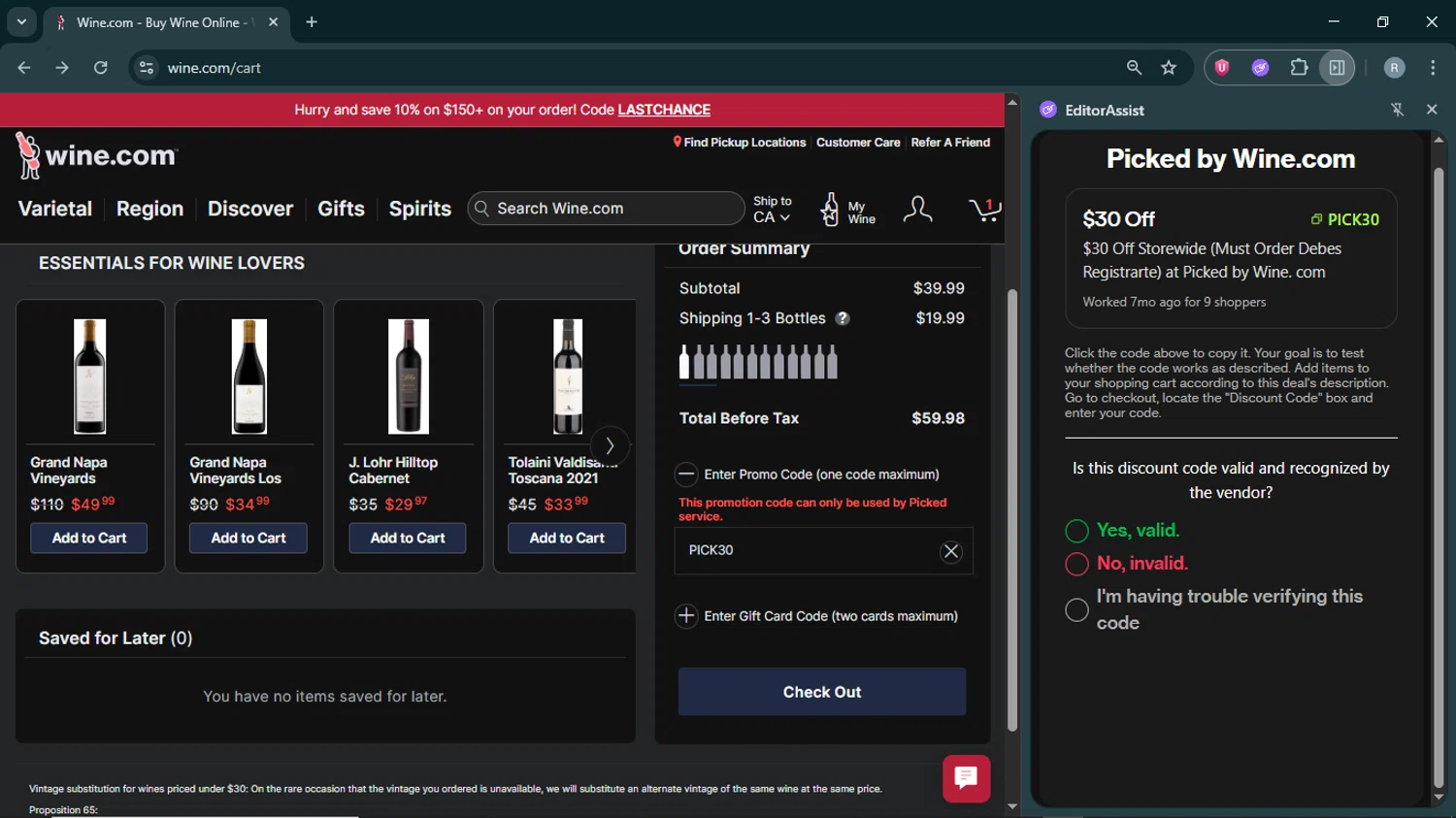 Picked by Wine.com promo code screenshot showing code pick30 applied at Picked by Wine.com checkout page. Uploaded by SimplyCodes community member CorrectorDeCupones on Sep 21, 2025