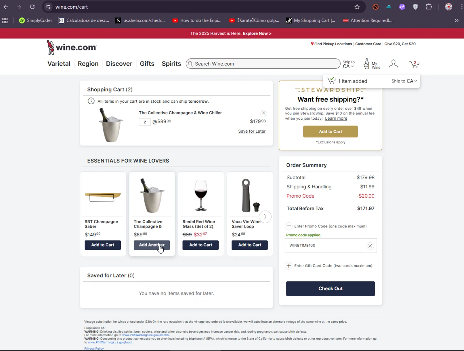 Picked by Wine.com promo code screenshot showing code WINETIME100 applied at Picked by Wine.com checkout page. Uploaded by SimplyCodes community member ElIntrepidoVolador on Sep 21, 2025