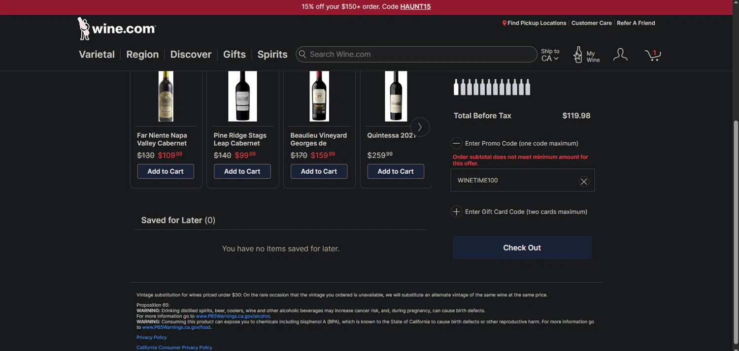 Picked by Wine.com promo code screenshot showing code WINETIME100 applied at Picked by Wine.com checkout page. Uploaded by SimplyCodes community member TreasureMaestro5413 on Oct 20, 2025