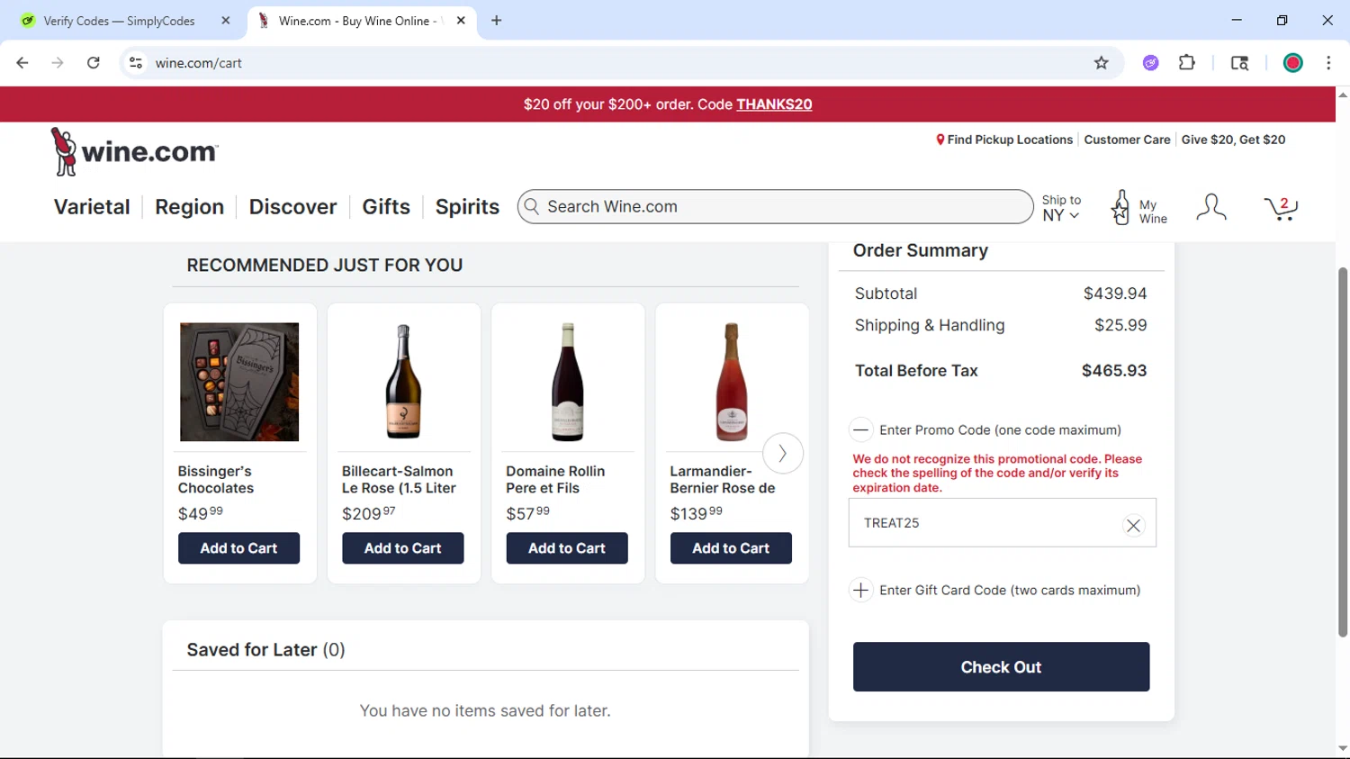 Picked by Wine.com promo code screenshot showing code TREAT25 applied at Picked by Wine.com checkout page. Uploaded by SimplyCodes community member DiscountSentinel4513 on Nov 5, 2025