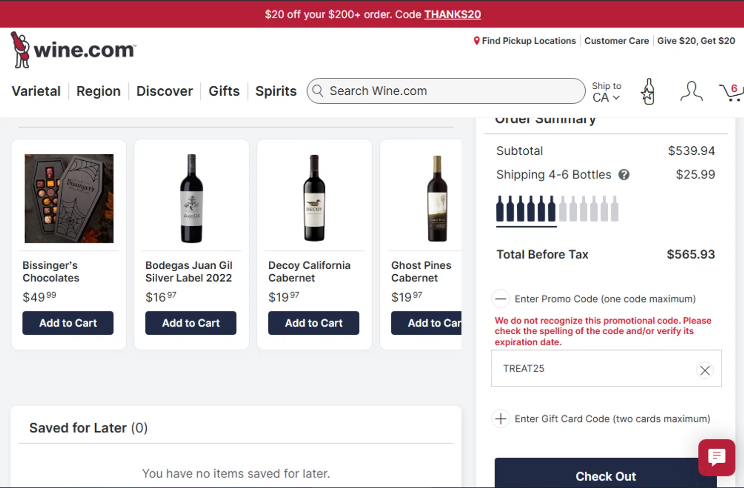 Picked by Wine.com promo code screenshot showing code TREAT25 applied at Picked by Wine.com checkout page. Uploaded by SimplyCodes community member EpicPilot2189 on Nov 5, 2025