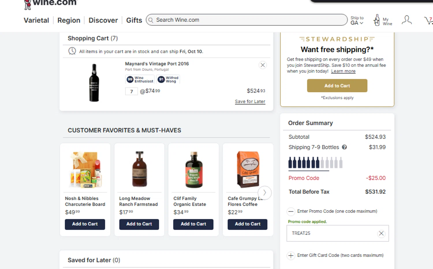 Picked by Wine.com checkout page showing Picked by Wine.com promo code box | Screenshot taken by SimplyCodes community member on Oct 7, 2025
