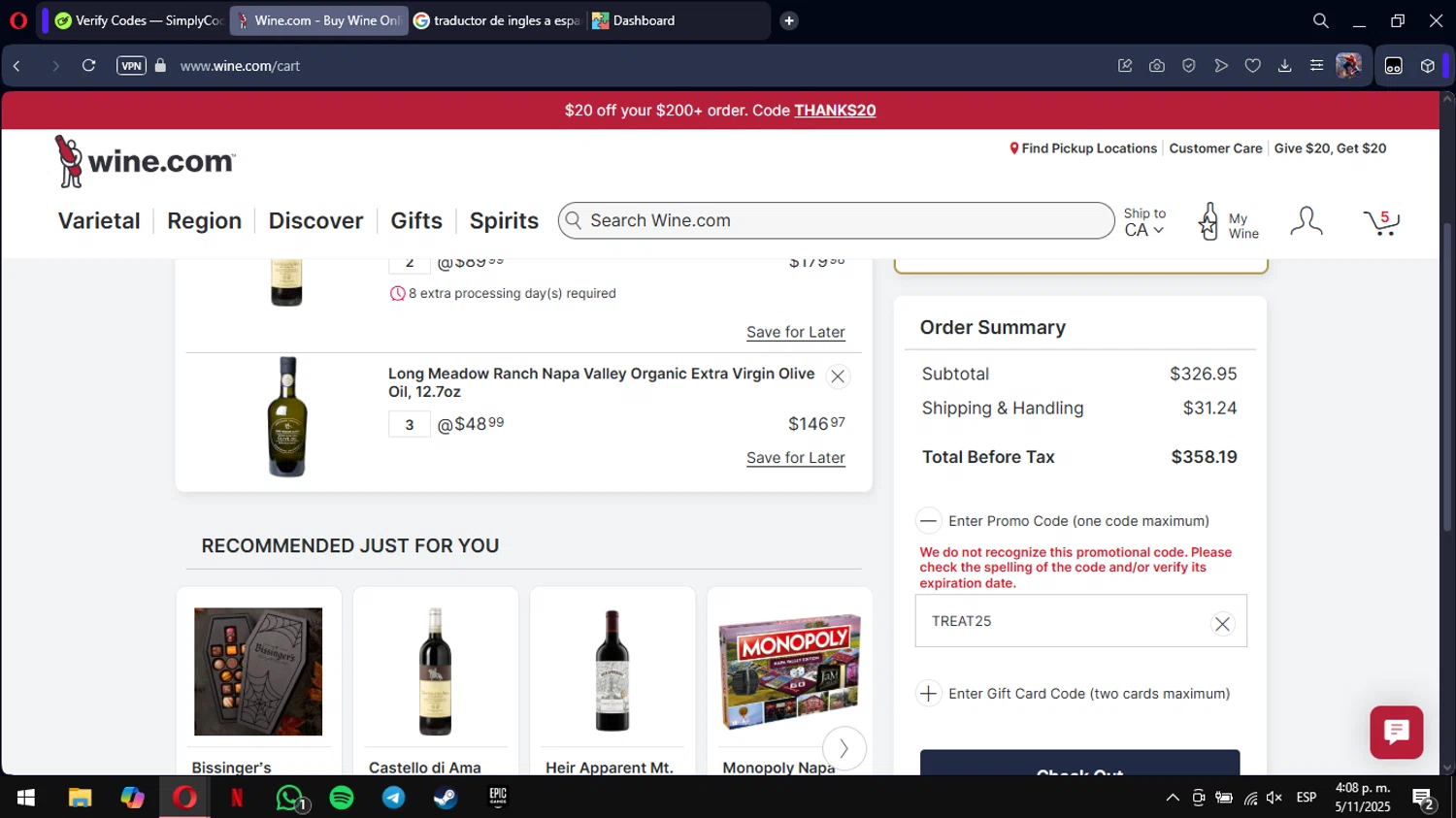 Picked by Wine.com promo code screenshot showing code TREAT25 applied at Picked by Wine.com checkout page. Uploaded by SimplyCodes community member mimusuky1 on Nov 5, 2025