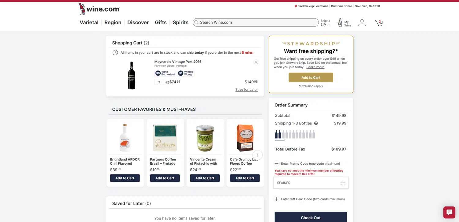 Picked by Wine.com checkout page showing Picked by Wine.com promo code box | Screenshot taken by SimplyCodes community member on Oct 7, 2025