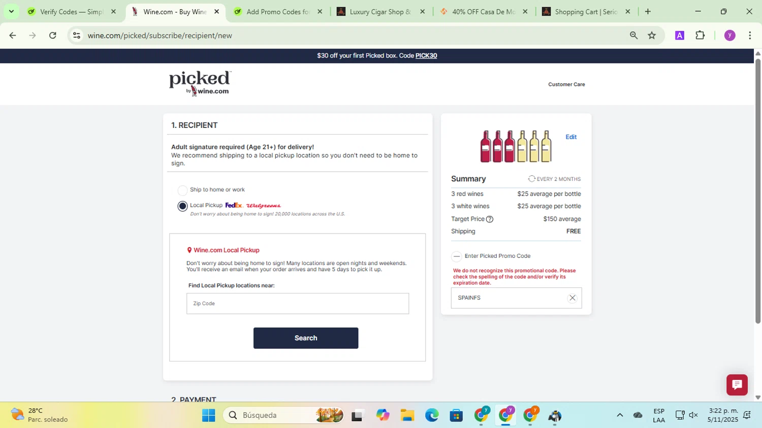 Picked by Wine.com promo code screenshot showing code SPAINFS applied at Picked by Wine.com checkout page. Uploaded by SimplyCodes community member yadicg054 on Nov 5, 2025