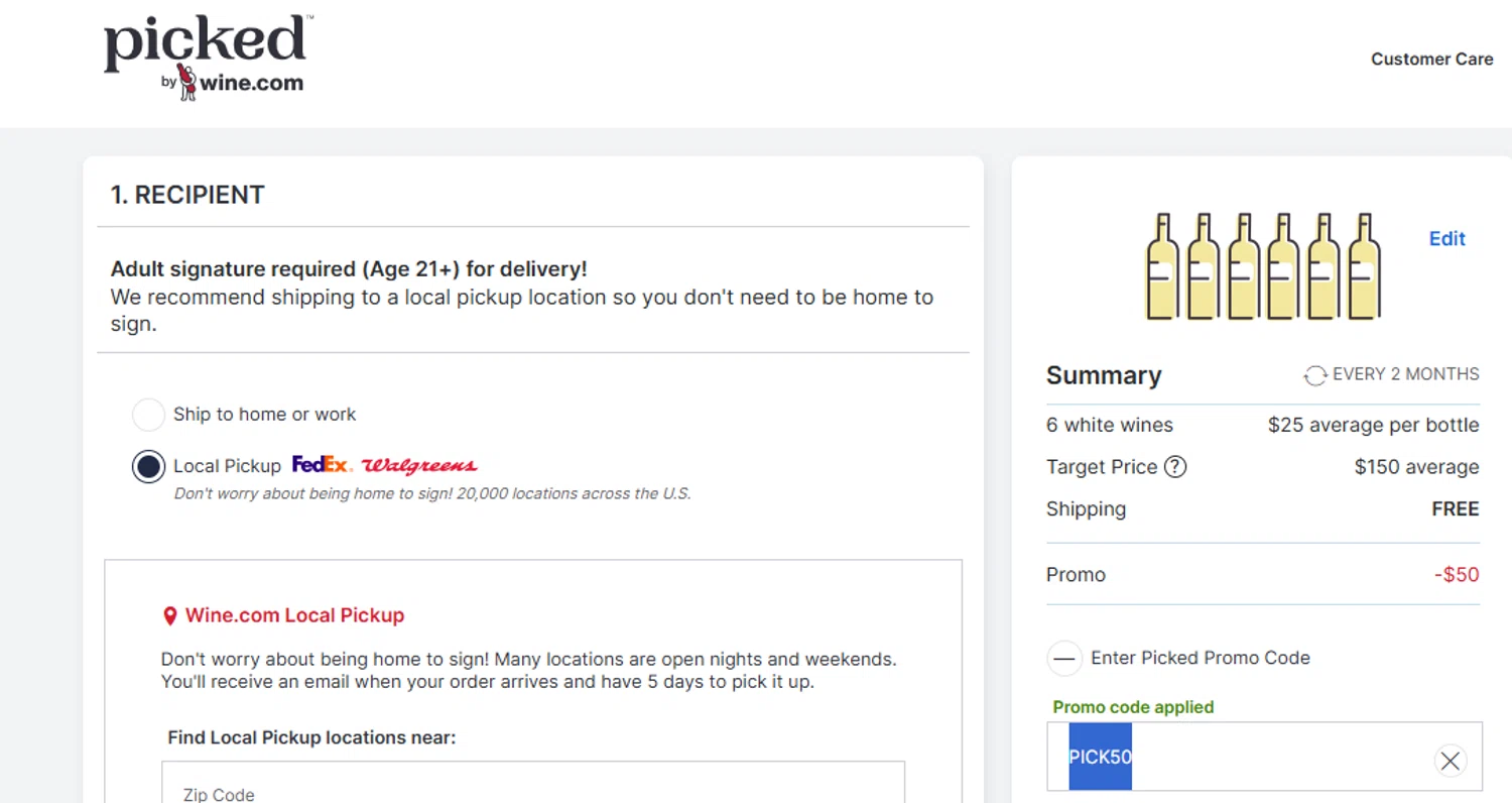 Picked by Wine.com promo code screenshot showing code PICK50 applied at Picked by Wine.com checkout page. Uploaded by SimplyCodes community member ashe1986 on Dec 4, 2025