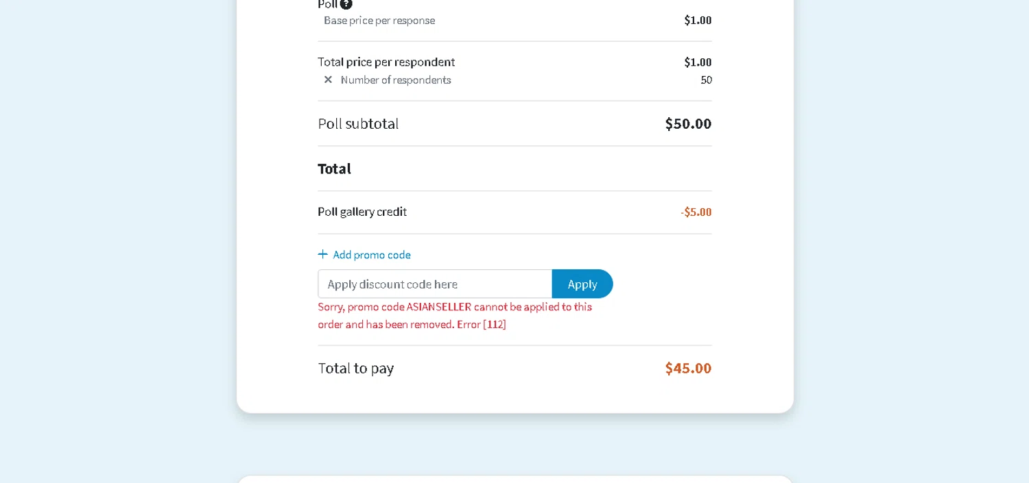 PickFu promo code screenshot showing code ASIANSELLER applied at PickFu checkout page. Uploaded by SimplyCodes community member MoneyHunter5624 on Aug 26, 2025