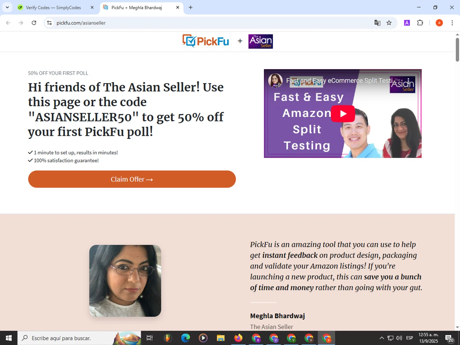PickFu promo code screenshot showing code ASIANSELLER applied at PickFu checkout page. Uploaded by SimplyCodes community member partenalgas on Sep 13, 2025