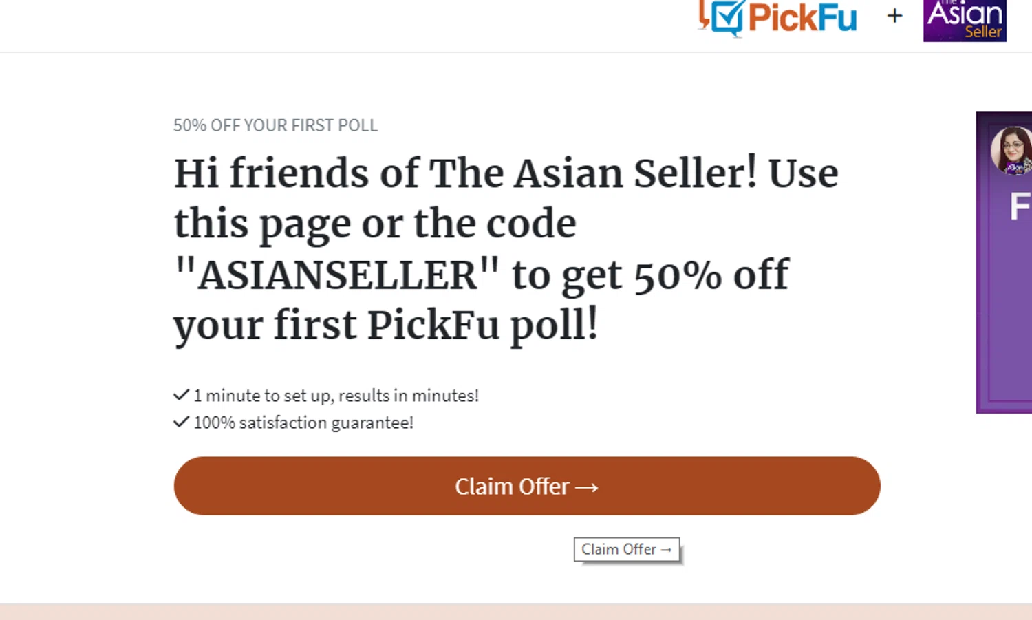 PickFu promo code screenshot showing code ASIANSELLER applied at PickFu checkout page. Uploaded by SimplyCodes community member yeresojperez on Jun 16, 2025