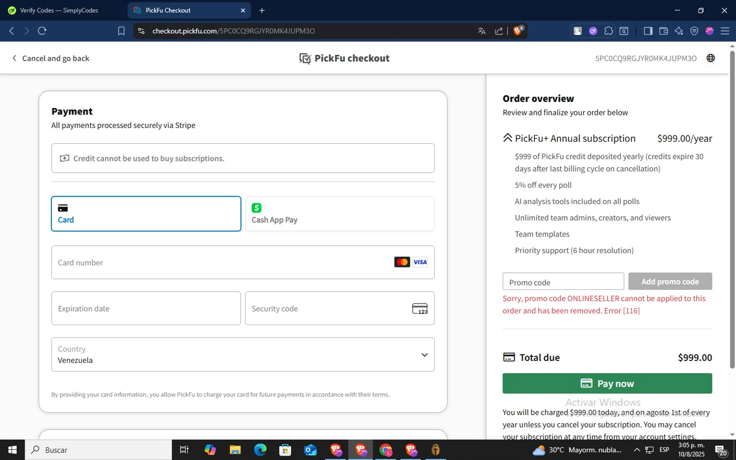 PickFu promo code screenshot showing code ONLINESELLER applied at PickFu checkout page. Uploaded by SimplyCodes community member TokenSaver1205 on Aug 10, 2025