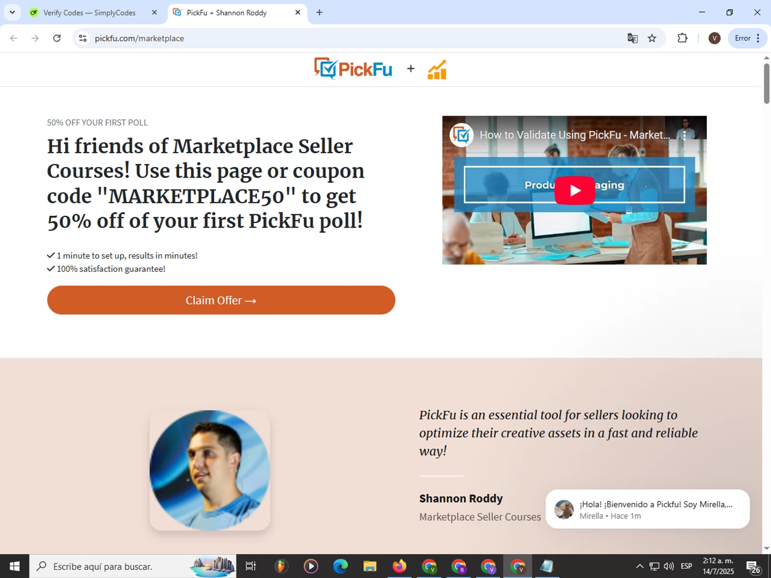 PickFu promo code screenshot showing code MARKETPLACE50 applied at PickFu checkout page. Uploaded by SimplyCodes community member CashLion3448 on Jul 14, 2025