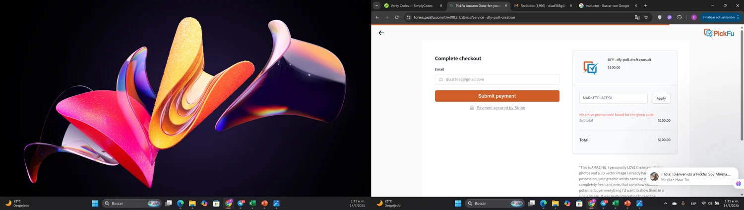 PickFu promo code screenshot showing code MARKETPLACE50 applied at PickFu checkout page. Uploaded by SimplyCodes community member Elwao0213 on Jul 14, 2025