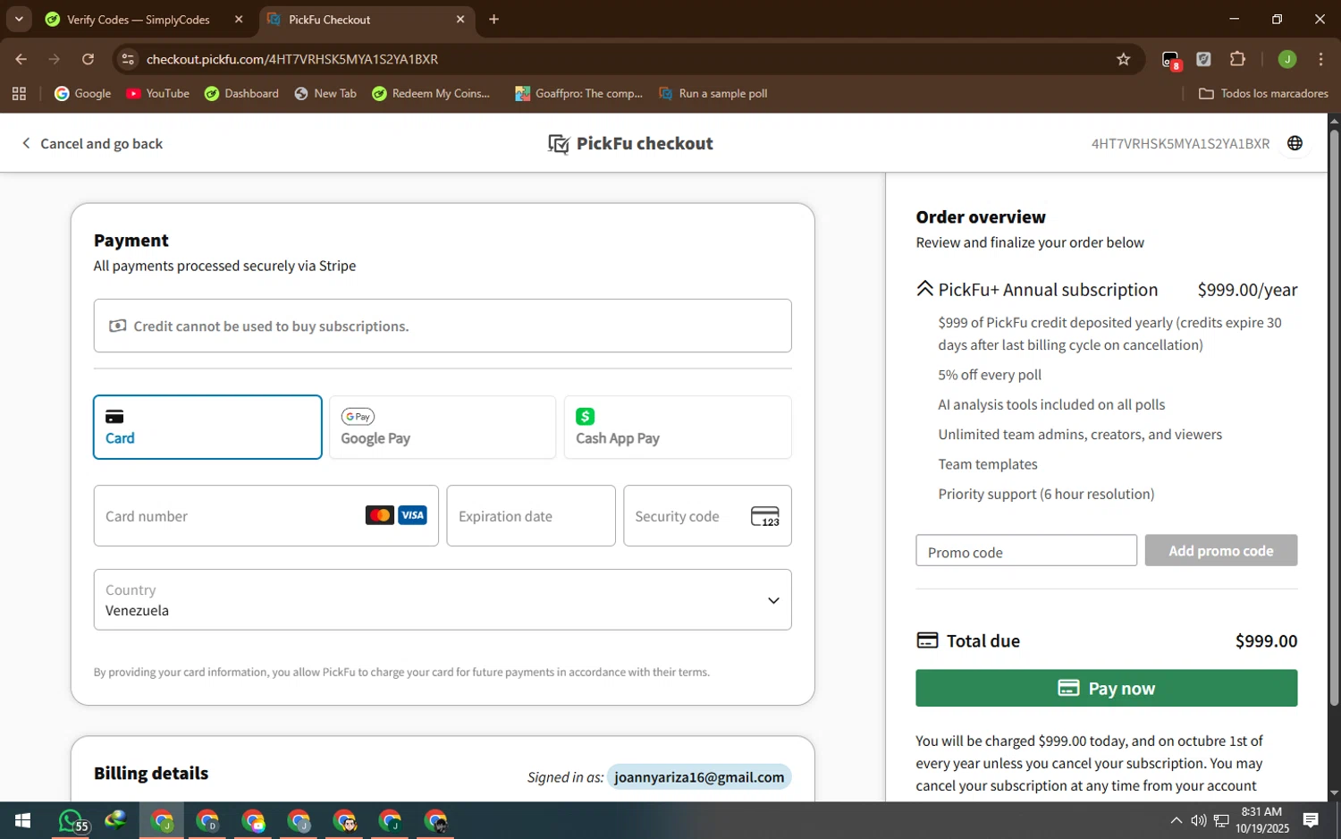 PickFu promo code screenshot showing code CALLI60 applied at PickFu checkout page. Uploaded by SimplyCodes community member QueTeImporta on Oct 19, 2025