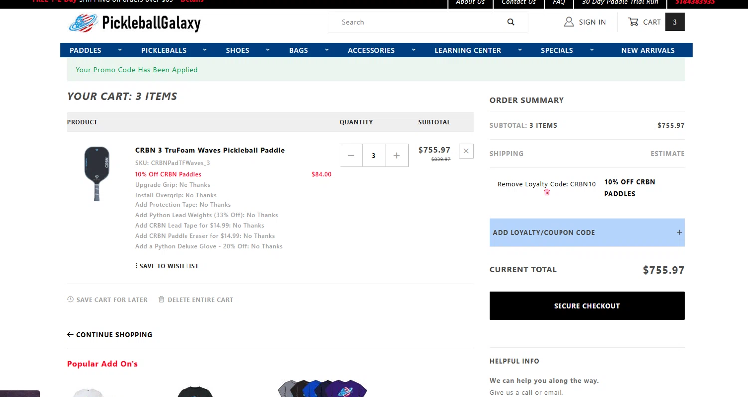 Pickleball Galaxy checkout page showing Pickleball Galaxy coupon code box | Screenshot taken by SimplyCodes community member on Feb 8, 2026