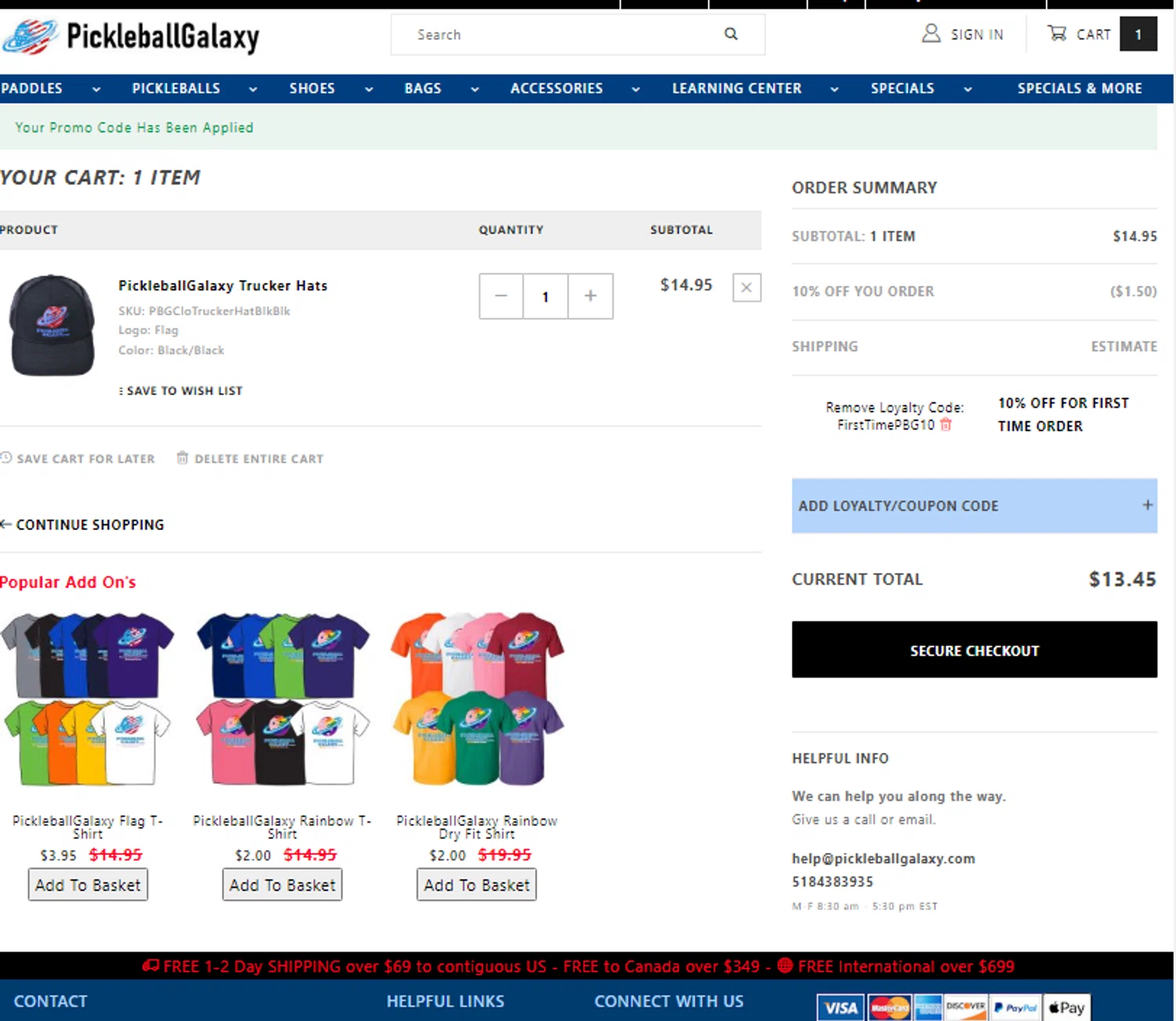 Pickleball Galaxy coupon code screenshot showing code FirstTimePBG10 applied at Pickleball Galaxy checkout page. Uploaded by SimplyCodes community member Tortugasninja on Jan 22, 2025