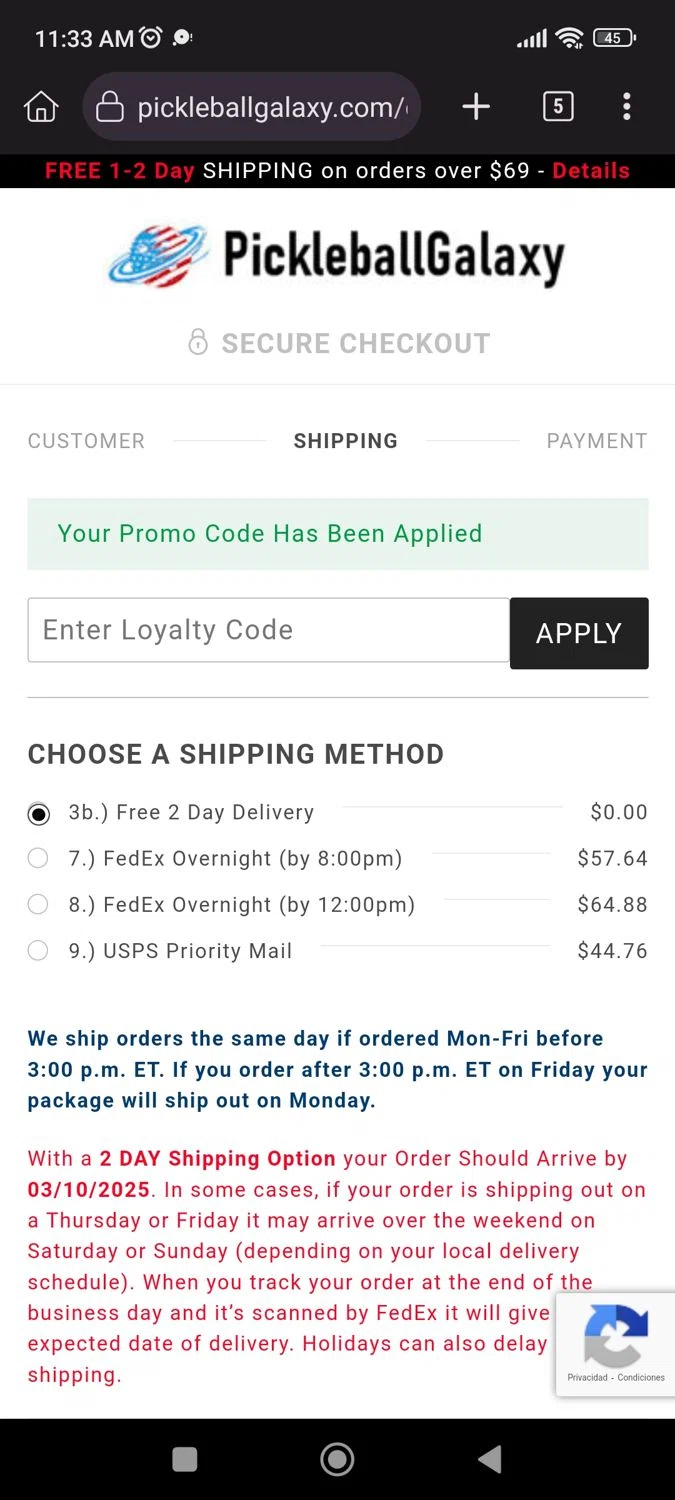 Pickleball Galaxy coupon code screenshot showing code FirstTimePBG10 applied at Pickleball Galaxy checkout page. Uploaded by SimplyCodes community member CrownLion2750 on Mar 6, 2025