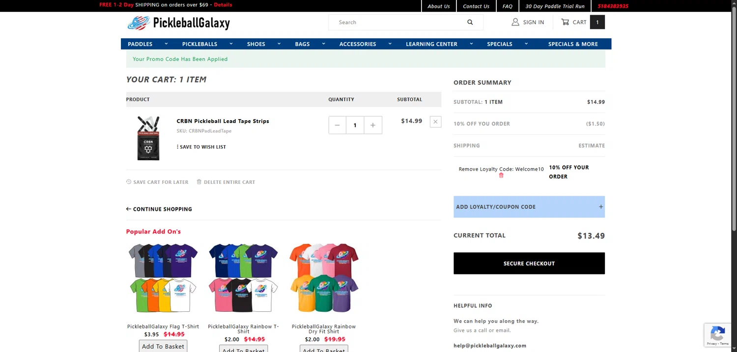 Pickleball Galaxy coupon code screenshot showing code welcome10 applied at Pickleball Galaxy checkout page. Uploaded by SimplyCodes community member CodeTitan6120 on Jun 30, 2025