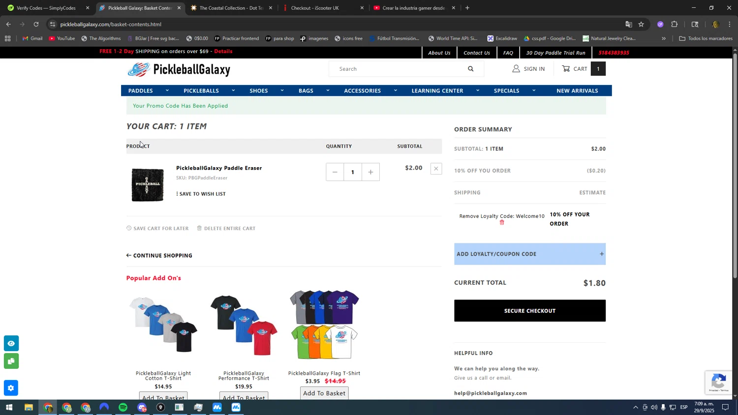 Pickleball Galaxy coupon code screenshot showing code welcome10 applied at Pickleball Galaxy checkout page. Uploaded by SimplyCodes community member DonPollito on Sep 29, 2025