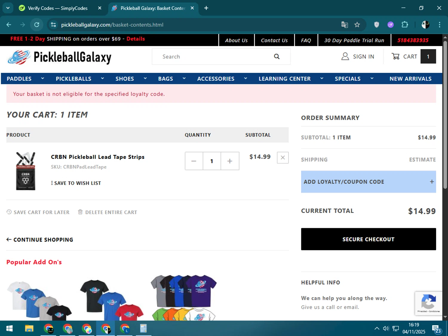 Pickleball Galaxy coupon code screenshot showing code PBG-BLK-S applied at Pickleball Galaxy checkout page. Uploaded by SimplyCodes community member CleverSage9163 on Nov 4, 2025
