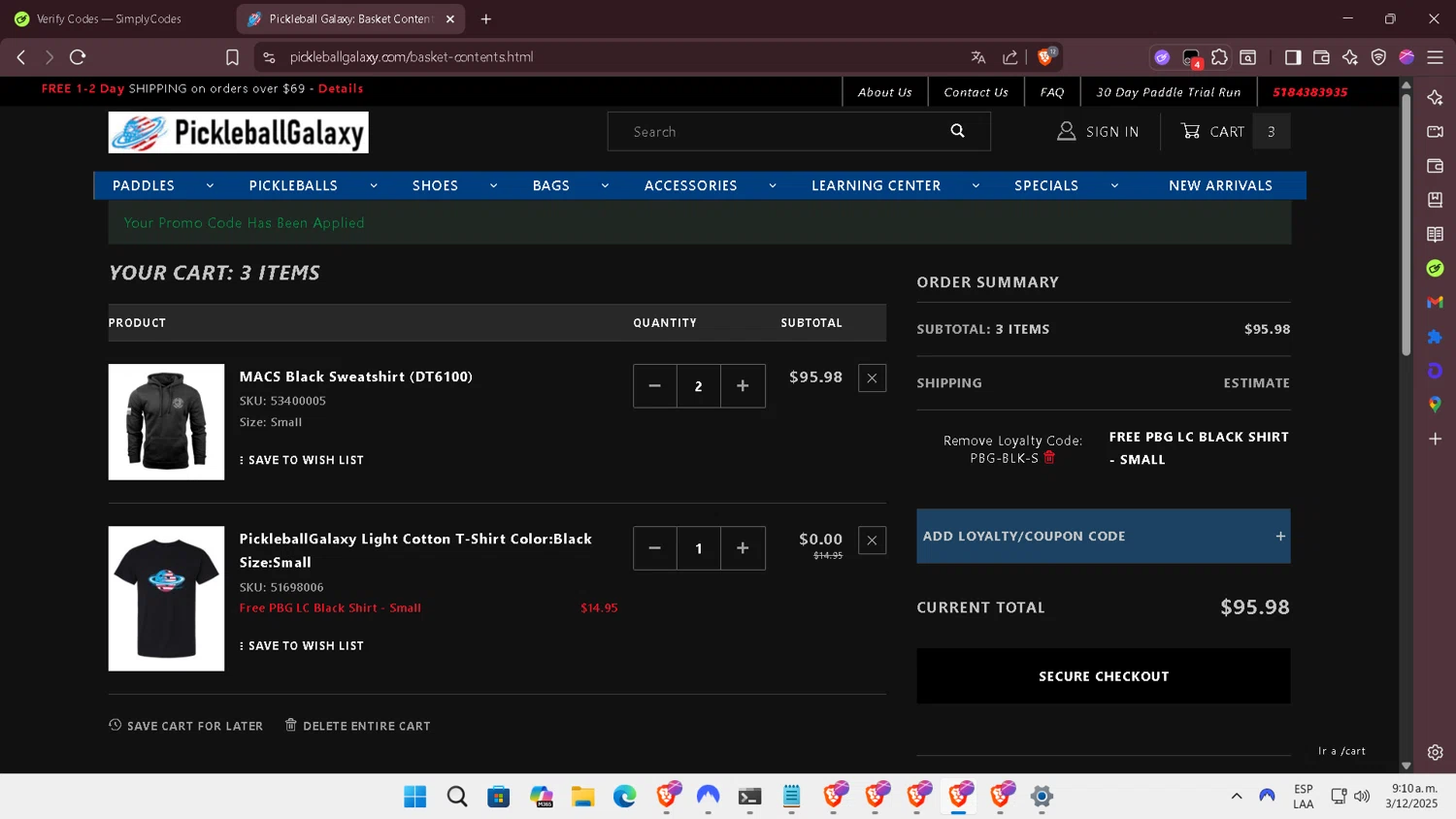 Pickleball Galaxy coupon code screenshot showing code PBG-BLK-S applied at Pickleball Galaxy checkout page. Uploaded by SimplyCodes community member SilverSentinel7889 on Dec 3, 2025