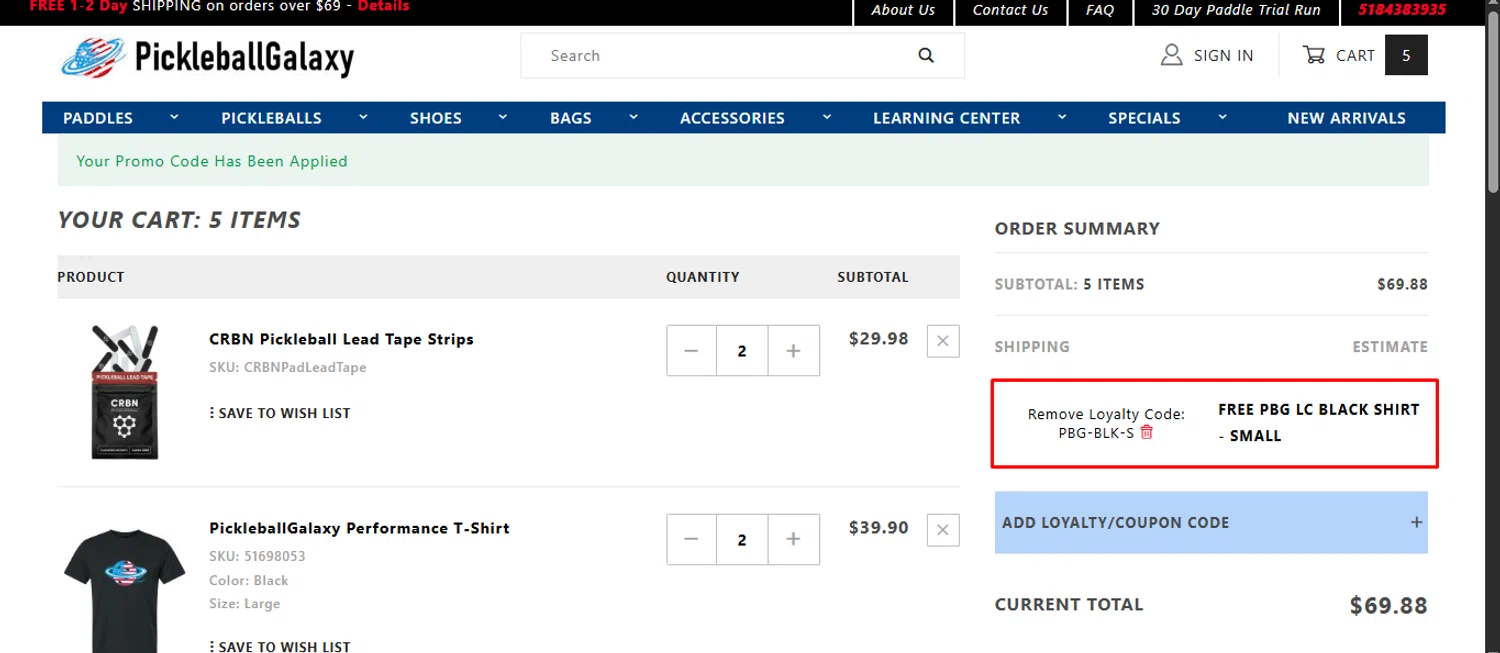 Pickleball Galaxy coupon code screenshot showing code PBG-BLK-S applied at Pickleball Galaxy checkout page. Uploaded by SimplyCodes community member noworries on Nov 4, 2025