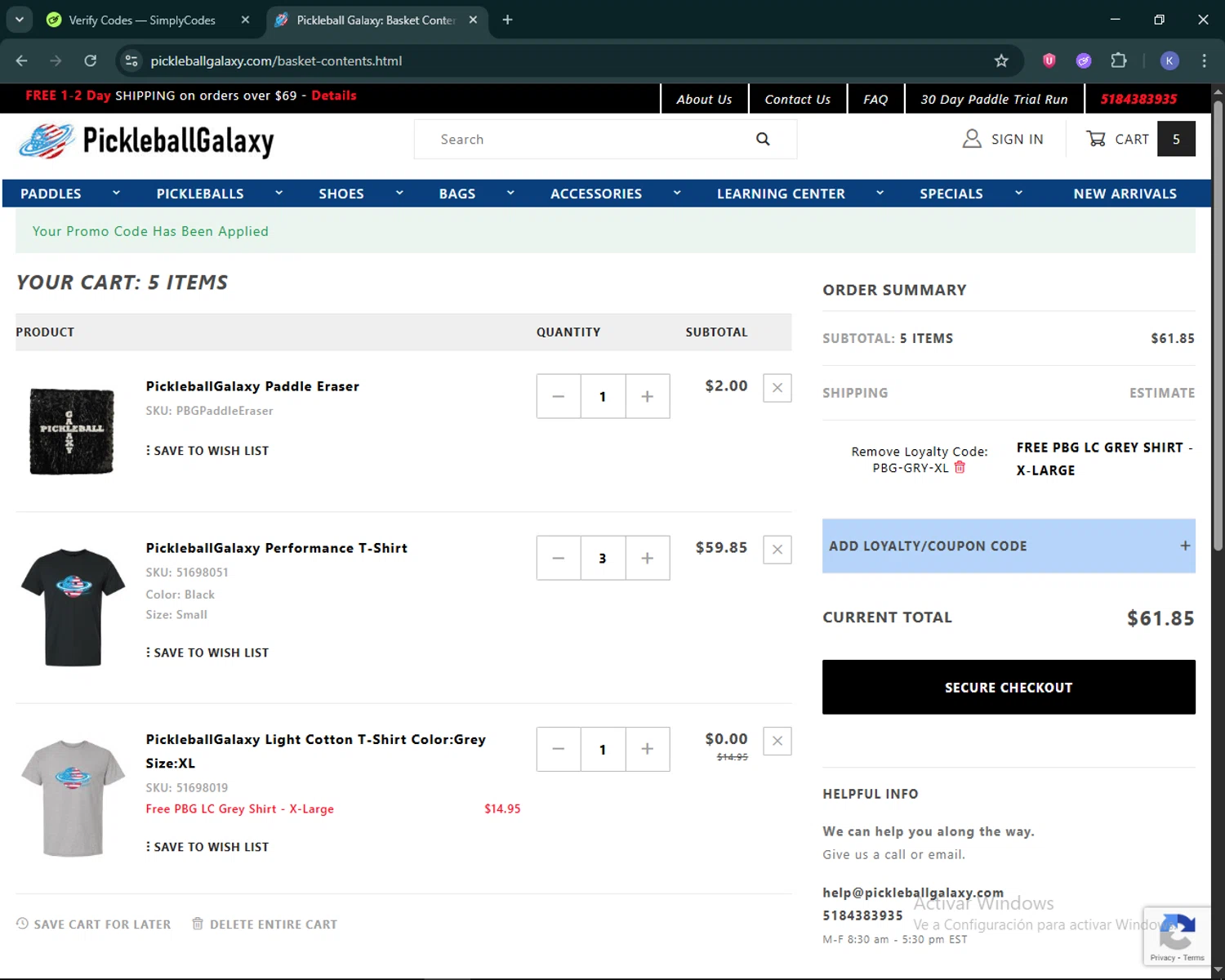 Pickleball Galaxy coupon code screenshot showing code PBG-GRY-XL applied at Pickleball Galaxy checkout page. Uploaded by SimplyCodes community member KevLapage on Jan 30, 2026