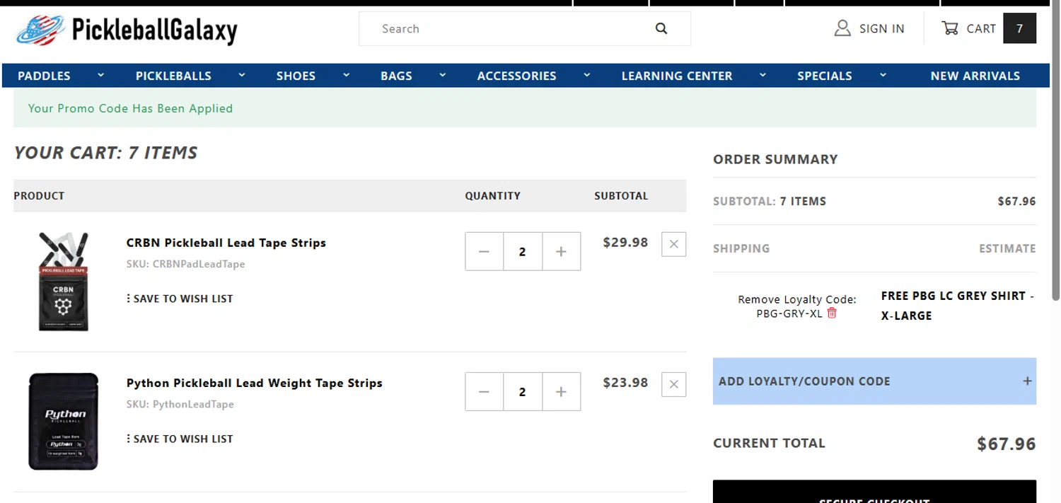 Pickleball Galaxy coupon code screenshot showing code PBG-GRY-XL applied at Pickleball Galaxy checkout page. Uploaded by SimplyCodes community member MightyMaven4946 on Oct 6, 2025