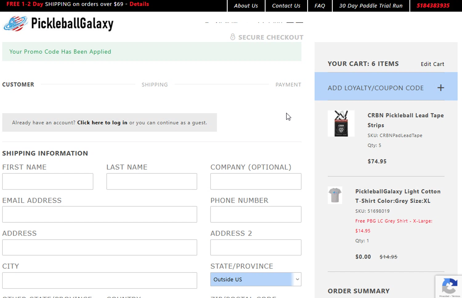 Pickleball Galaxy coupon code screenshot showing code PBG-GRY-XL applied at Pickleball Galaxy checkout page. Uploaded by SimplyCodes community member ligthYA on Dec 3, 2025