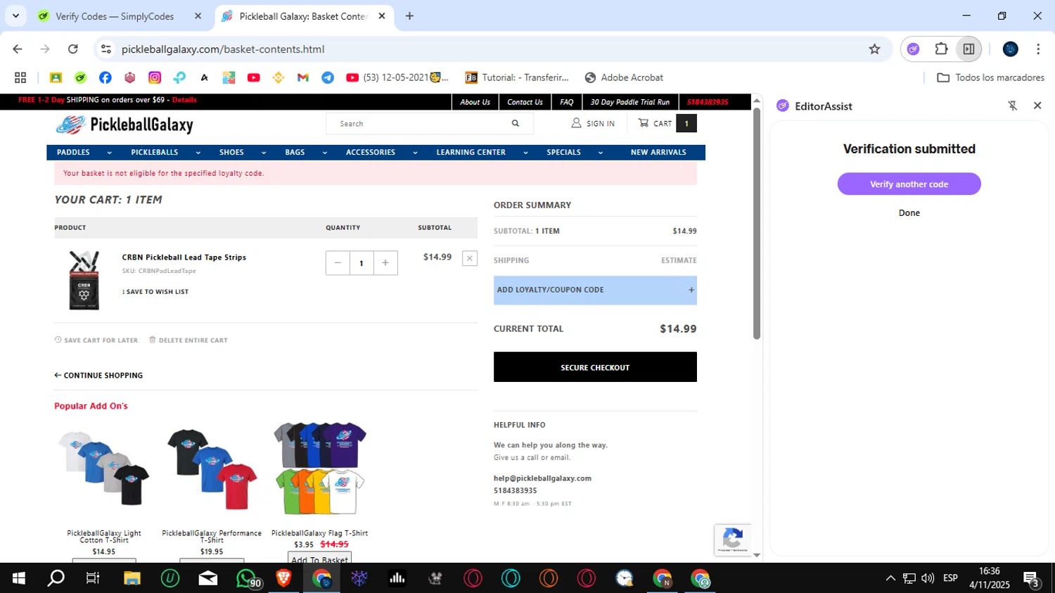 Pickleball Galaxy coupon code screenshot showing code PBG-BLU-S applied at Pickleball Galaxy checkout page. Uploaded by SimplyCodes community member SunJinWoo on Nov 4, 2025