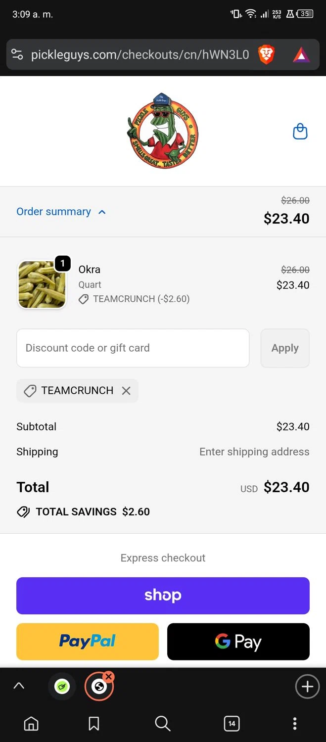 The Pickle Guys discount code screenshot showing code TEAMCRUNCH applied at The Pickle Guys checkout page. Uploaded by SimplyCodes community member Samira on Sep 24, 2025