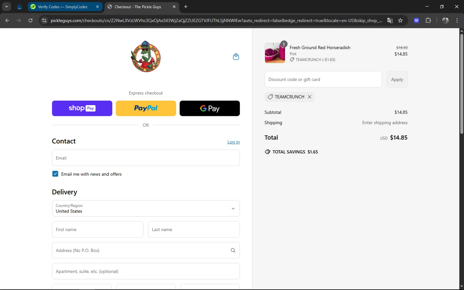 The Pickle Guys checkout page showing The Pickle Guys discount code box | Screenshot taken by SimplyCodes community member on Apr 7, 2025