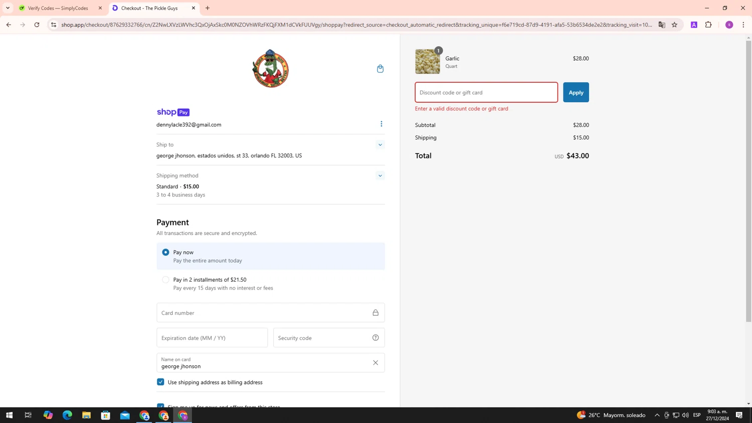 The Pickle Guys discount code screenshot showing code BLACKFRIDAY15 applied at The Pickle Guys checkout page. Uploaded by SimplyCodes community member RebateTracker6180 on Dec 27, 2024