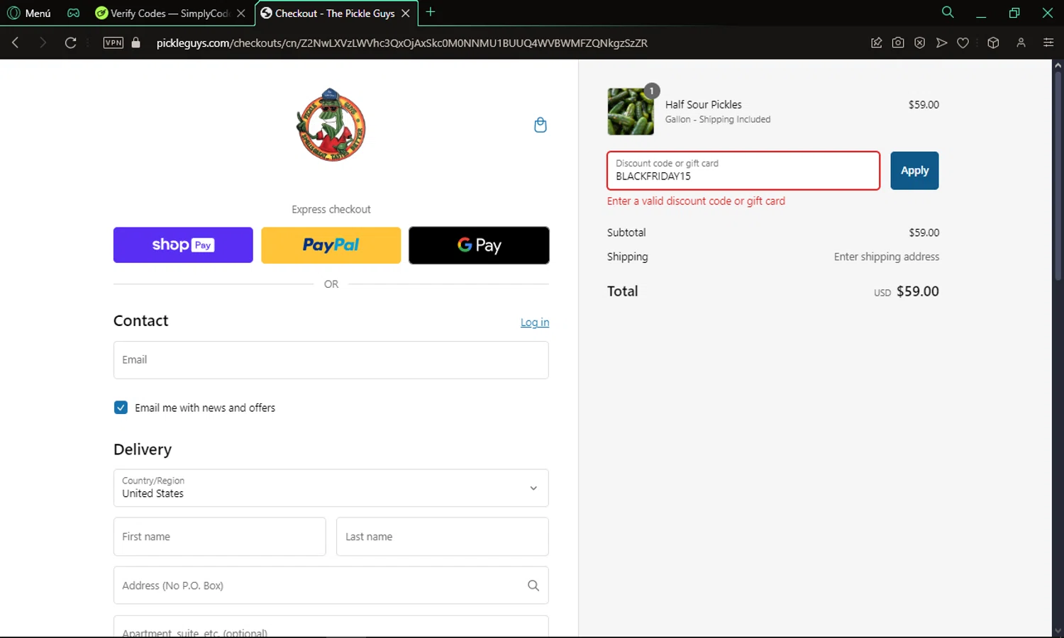 The Pickle Guys discount code screenshot showing code BLACKFRIDAY15 applied at The Pickle Guys checkout page. Uploaded by SimplyCodes community member omare29 on Dec 27, 2024