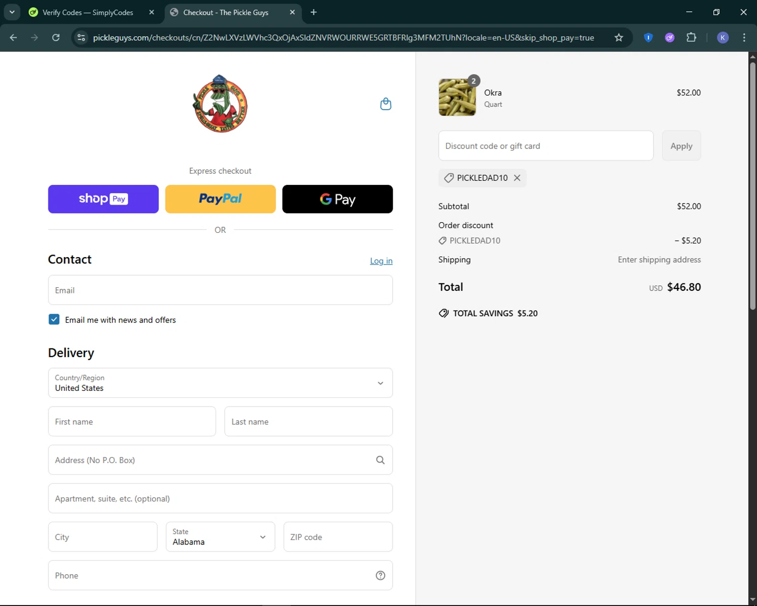 The Pickle Guys discount code screenshot showing code PICKLEDAD10 applied at The Pickle Guys checkout page. Uploaded by SimplyCodes community member KevLapage on Jun 4, 2025