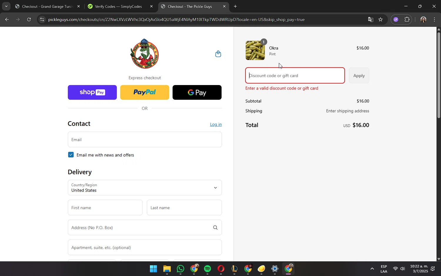 The Pickle Guys discount code screenshot showing code PICKLEDAD10 applied at The Pickle Guys checkout page. Uploaded by SimplyCodes community member OliviaRodrigo on Jul 3, 2025