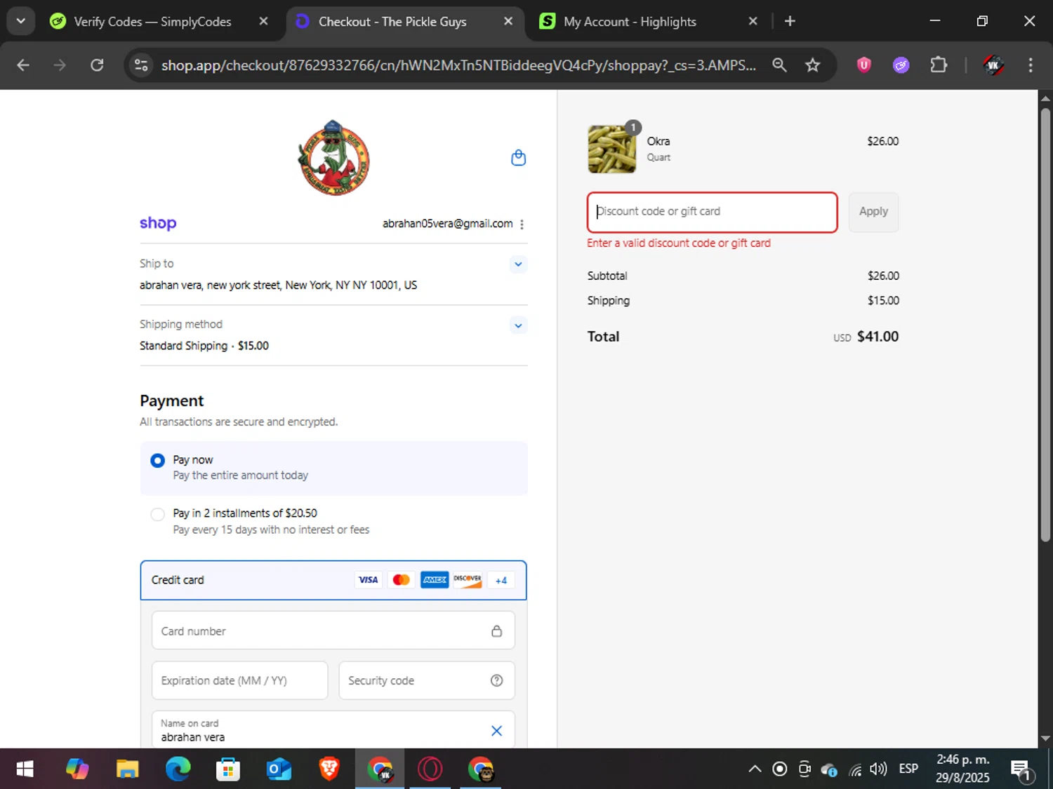 The Pickle Guys discount code screenshot showing code DILLWITHIT15 applied at The Pickle Guys checkout page. Uploaded by SimplyCodes community member TreasureAdmiral6867 on Aug 29, 2025