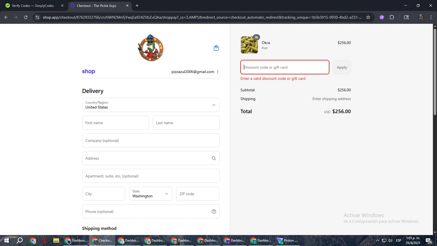 The Pickle Guys discount code screenshot showing code DILLWITHIT15 applied at The Pickle Guys checkout page. Uploaded by SimplyCodes community member xxdddd on Aug 29, 2025