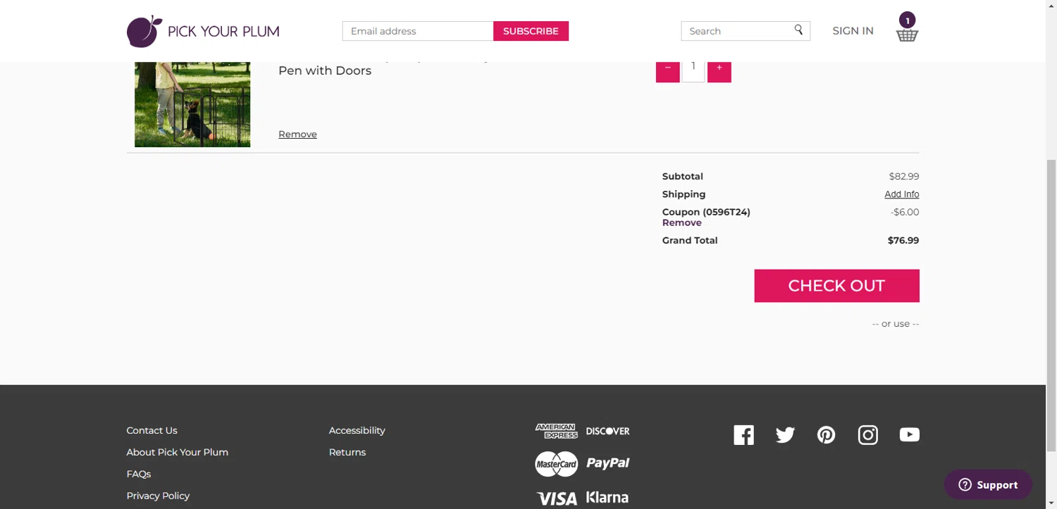 where to use Pick Your Plum promo code box