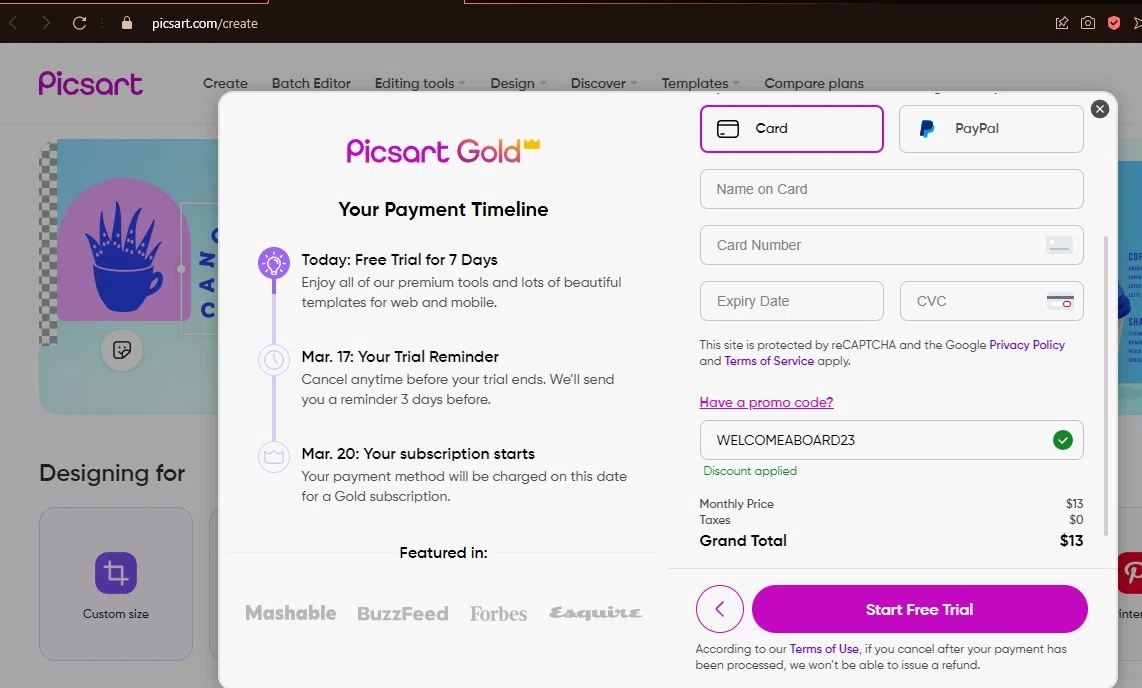where to use PicsArt promo code box