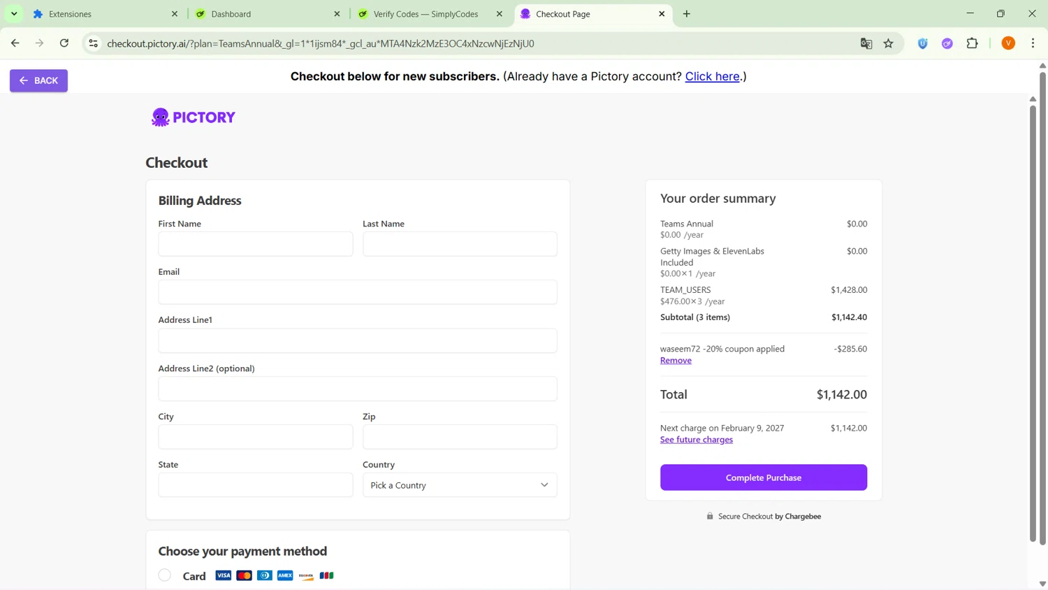 Pictory checkout page showing Pictory coupon code box | Screenshot taken by SimplyCodes community member on Feb 9, 2026