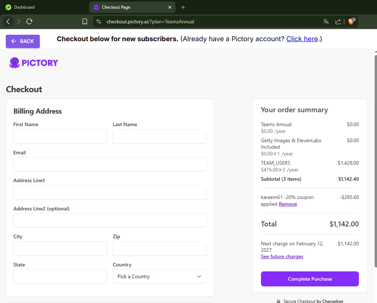 Pictory checkout page showing Pictory coupon code box | Screenshot taken by SimplyCodes community member on Feb 12, 2026