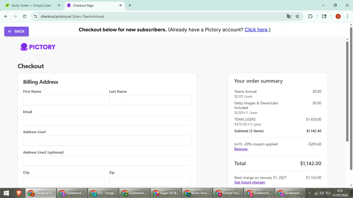 Pictory checkout page showing Pictory coupon code box | Screenshot taken by SimplyCodes community member on Jan 31, 2026