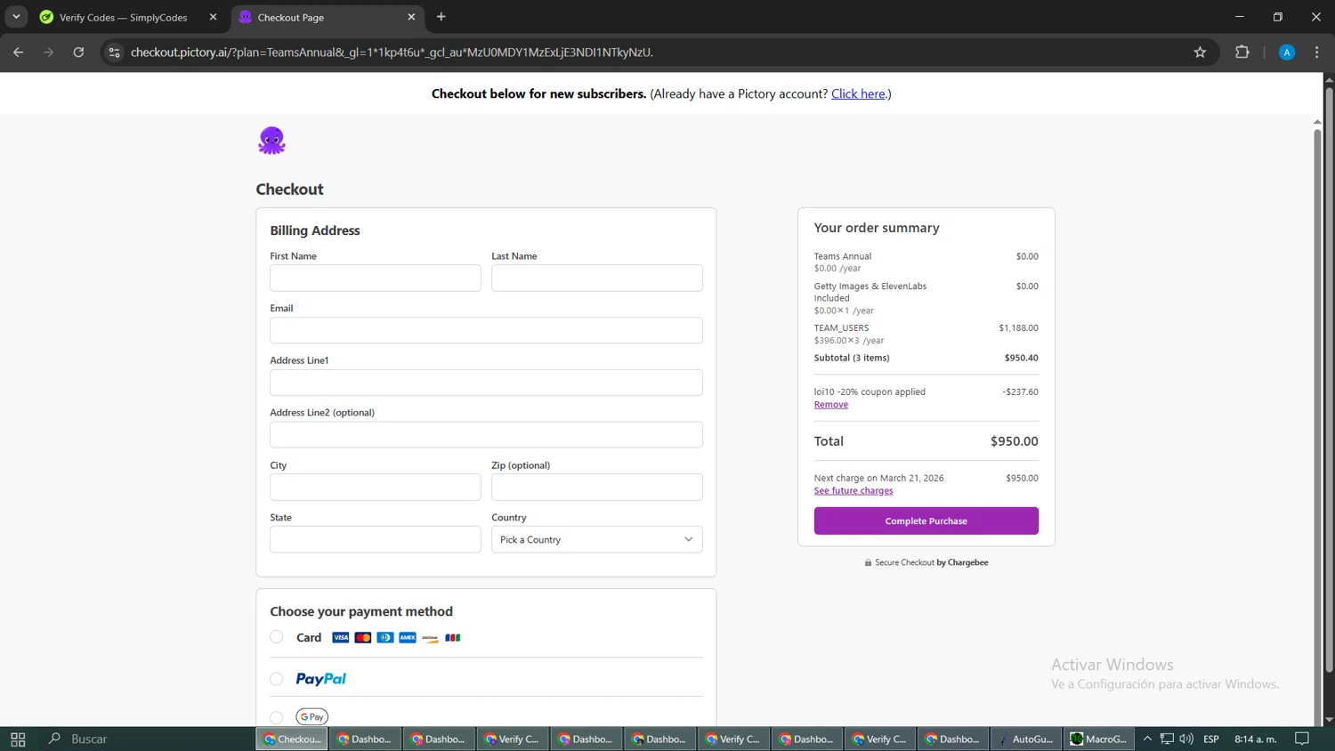 Pictory coupon code screenshot showing code loi10 applied at Pictory checkout page. Uploaded by SimplyCodes community member ThriftySage2675 on Mar 21, 2025